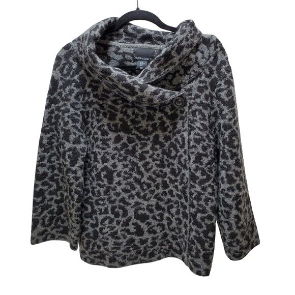 Cynthia Rowley Sweater Cardigan Women XL Funnel Neck Leopard Print Gray Black - Picture 1 of 15